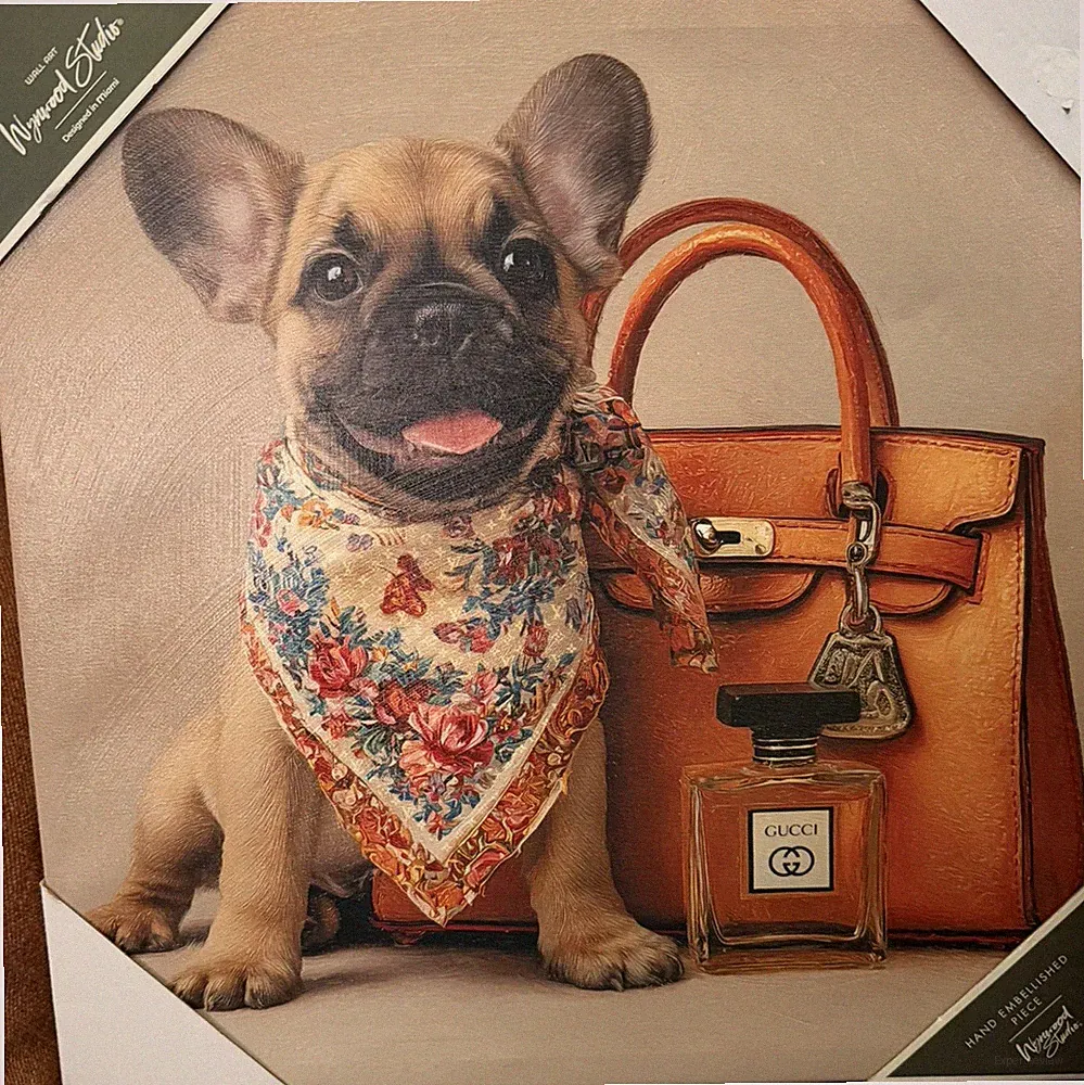 Frenchie Glam Canvas with luxury Handbag designer Gucci perfume gift trending ￼