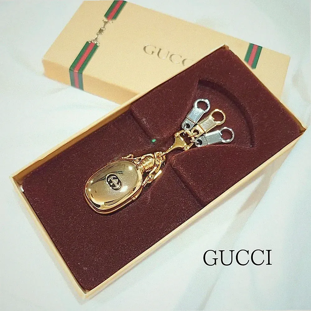 GUCCI perfume bottle keychain charm Gold Silver Vintage With Box Italy Used