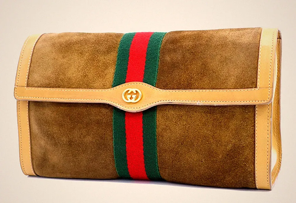GUCCI VINTAGE Sherry Line Clutch Bag Suede Leather Beige Rare Authentic