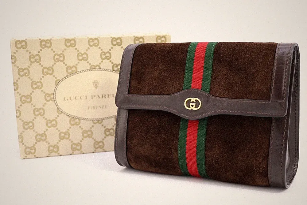 GUCCI VINTAGE Sherry Line Clutch Bag Suede Leather Box Brown Compact Authentic