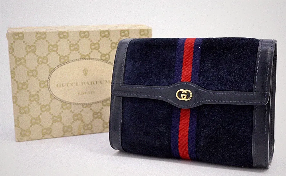 GUCCI VINTAGE Sherry Line Clutch Suede Leather Navy Box Rare Authentic